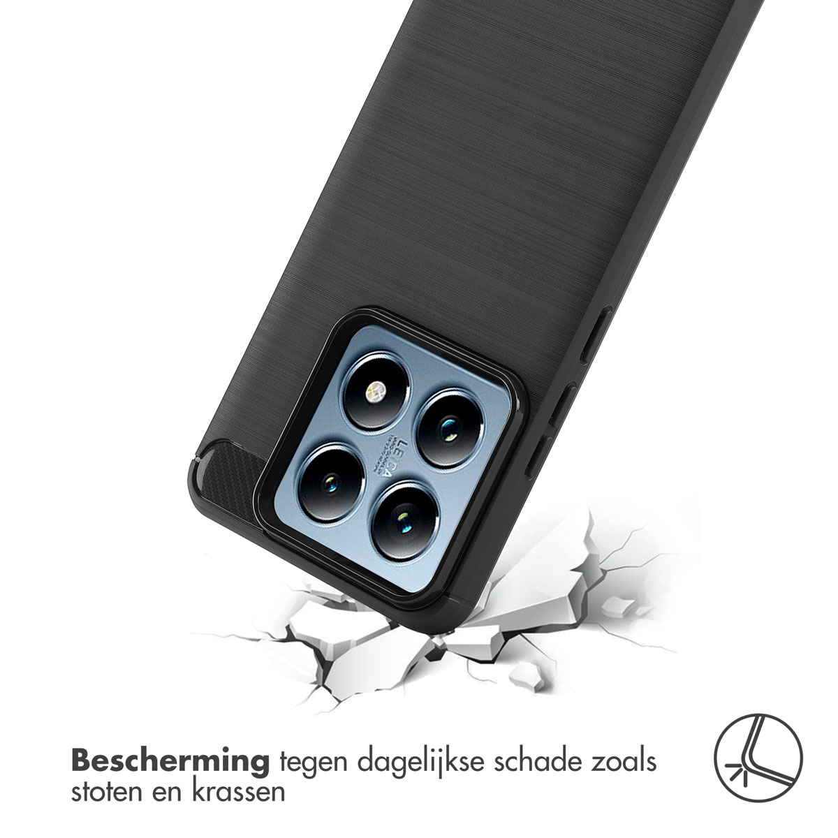 Telefoonhoes valt op een oppervlak, toont de schadebestendige functie. Zwarte hoes.