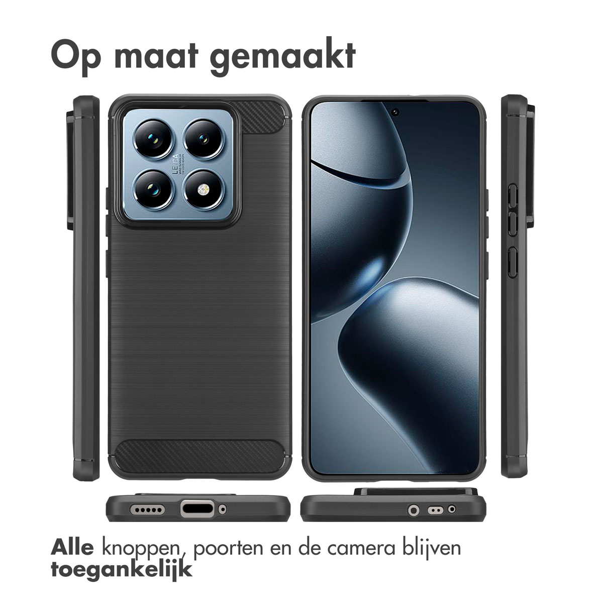 Telefoonhoesje met camera- en knopuitsparingen; vier weergaven worden getoond; tekst: 'Op maat gemaakt'.