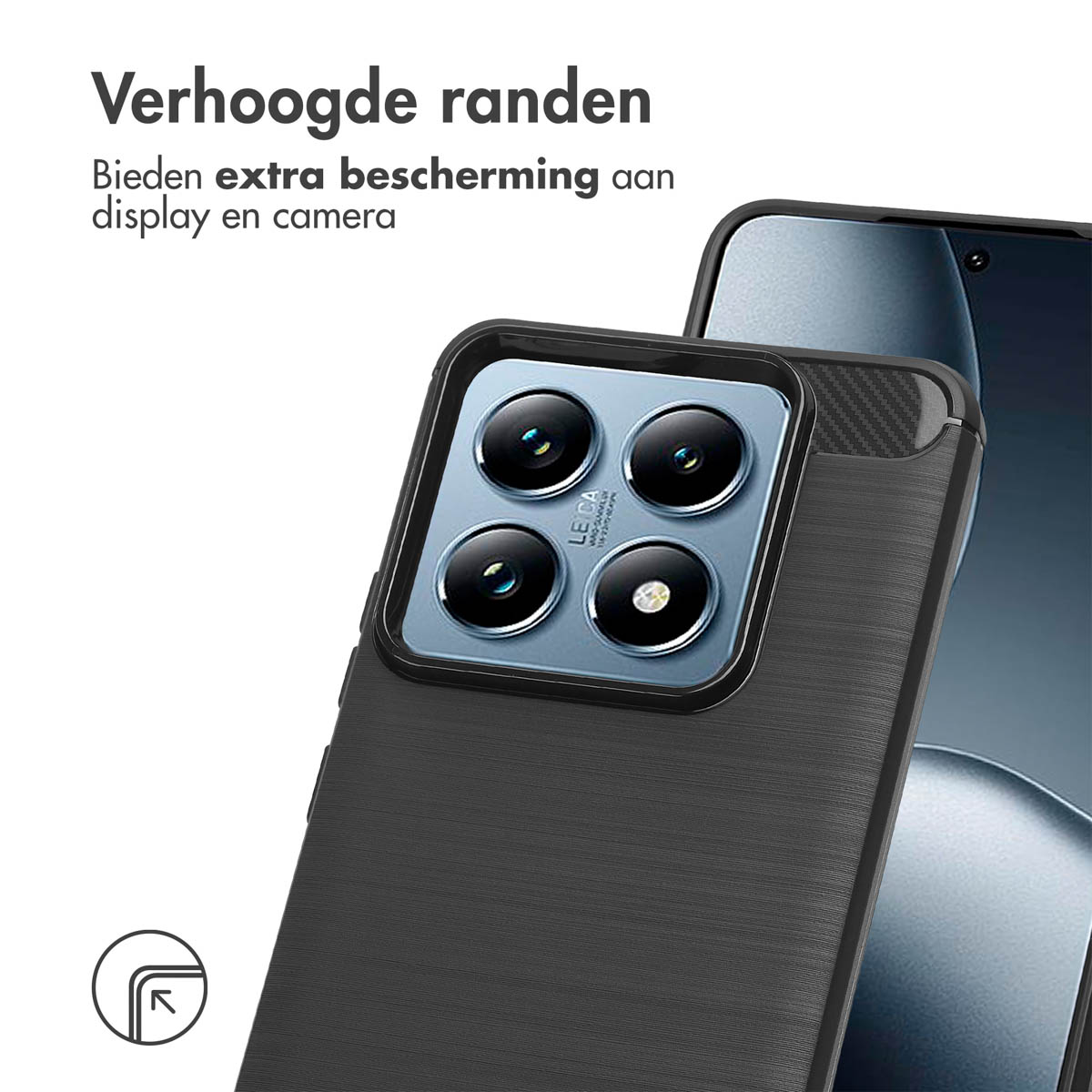 Close-up van een zwarte telefoonhoes met cameralenzen op de achterkant van een telefoon.