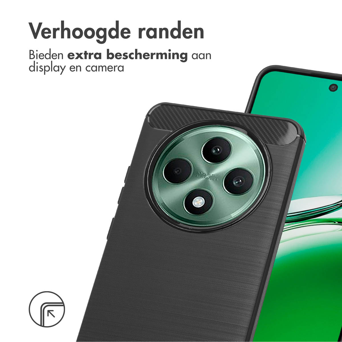 Zwarte telefoonhoes, toont achterkant van telefoon, met een grote cameralens.