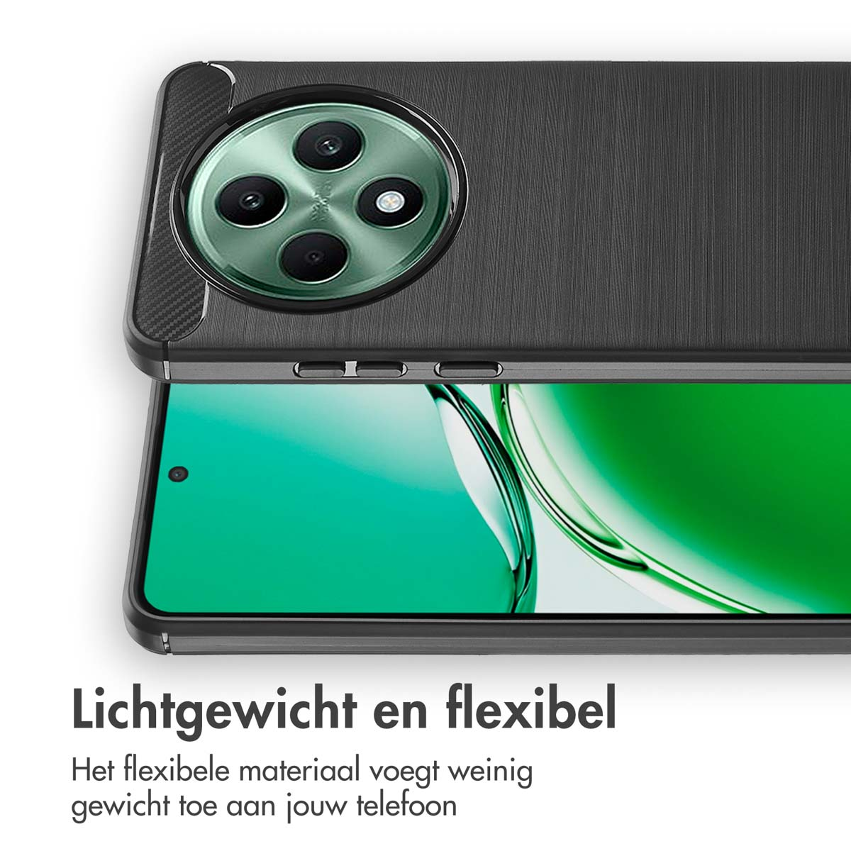 Een telefoonhoesje op een telefoon. De hoes is zwart en de telefoon is zichtbaar.