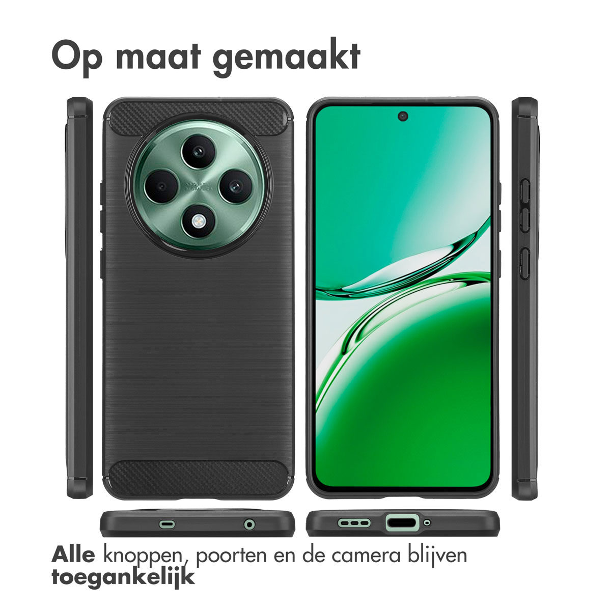 Zwarte telefoonhoes met knoppen en camera-uitsparingen. Op maat gemaakt.