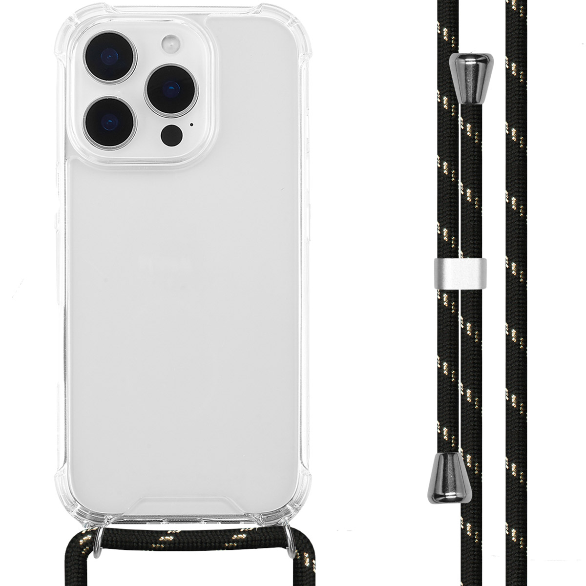 Transparante telefoonhoes met een koord. Telefoonhoes heeft drie camera's. Koord is zwart en goud.