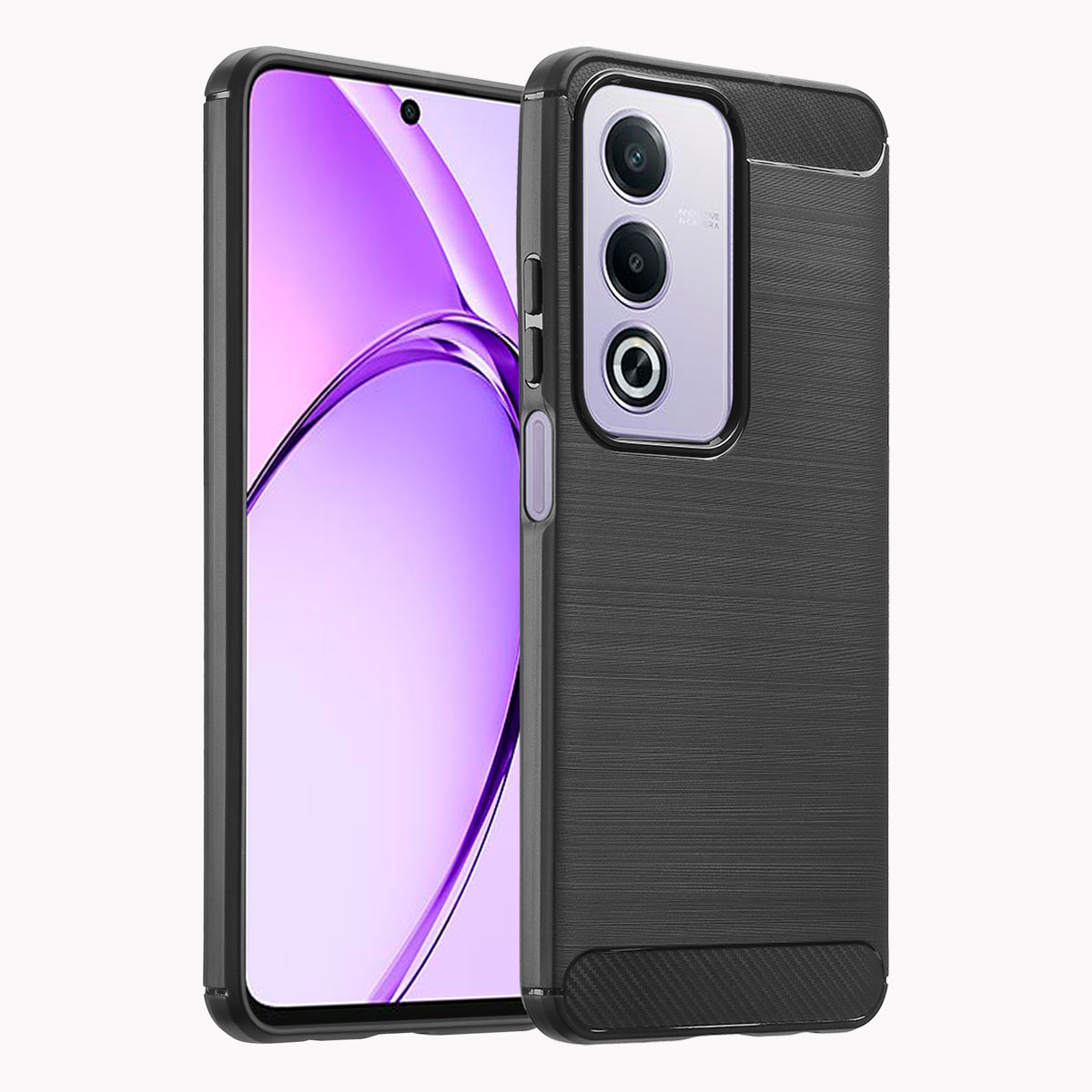 Zwarte telefoonhoes met een textuurontwerp, met het telefoonscherm zichtbaar.