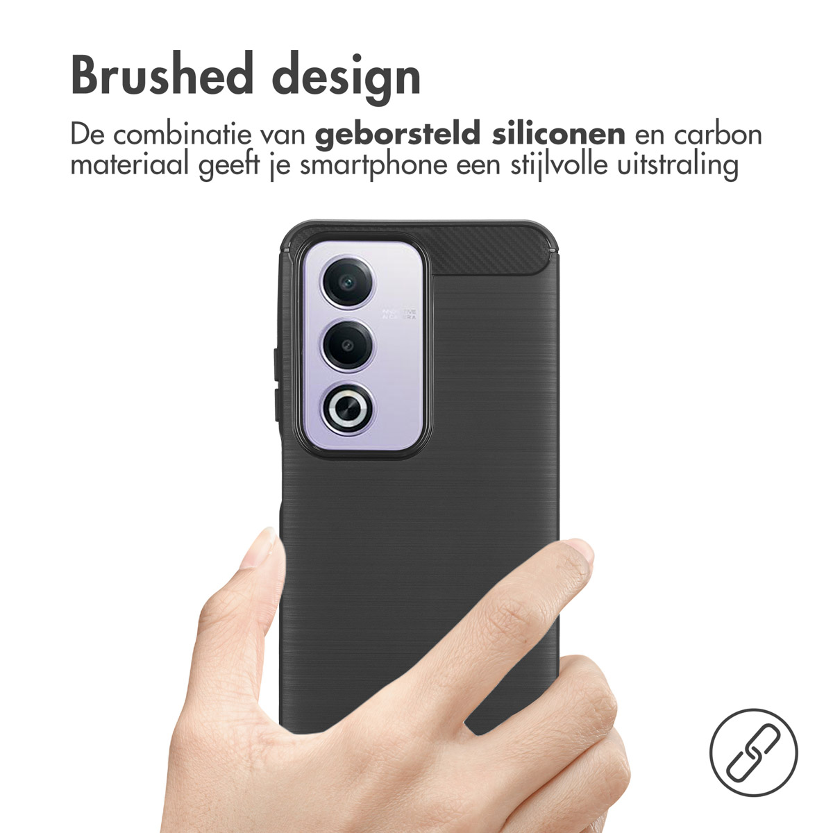 Zwarte telefoonhoes met een geborsteld ontwerp. De telefoon heeft een camerasysteem.
