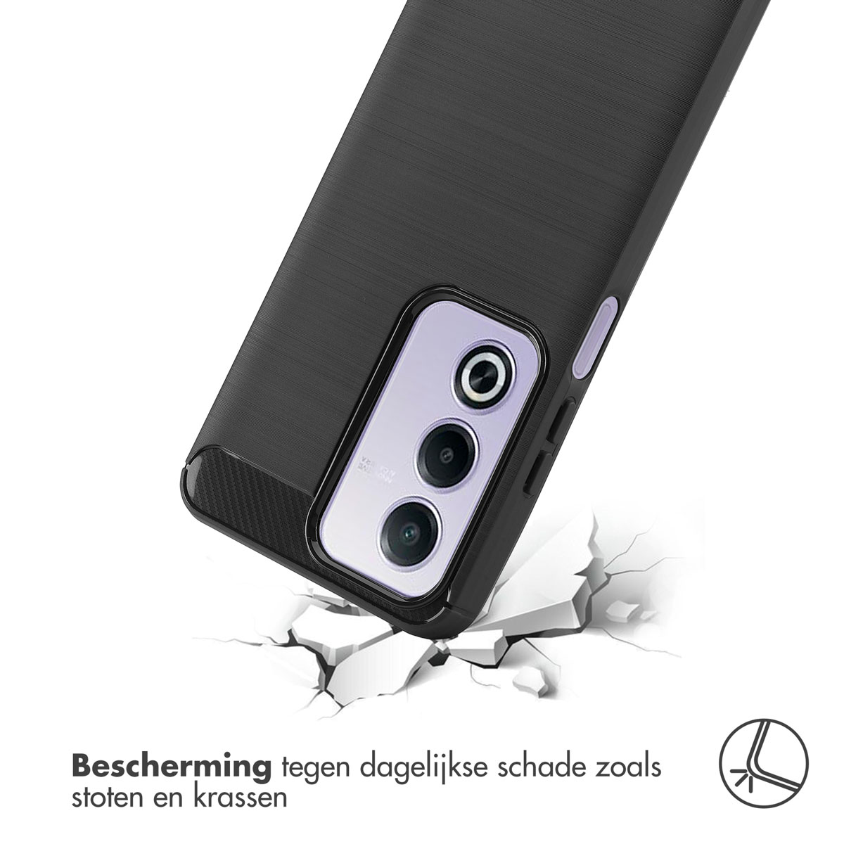 Zwarte telefoonhoes met camera-uitsteeksel en een wit oppervlak met scheuren.