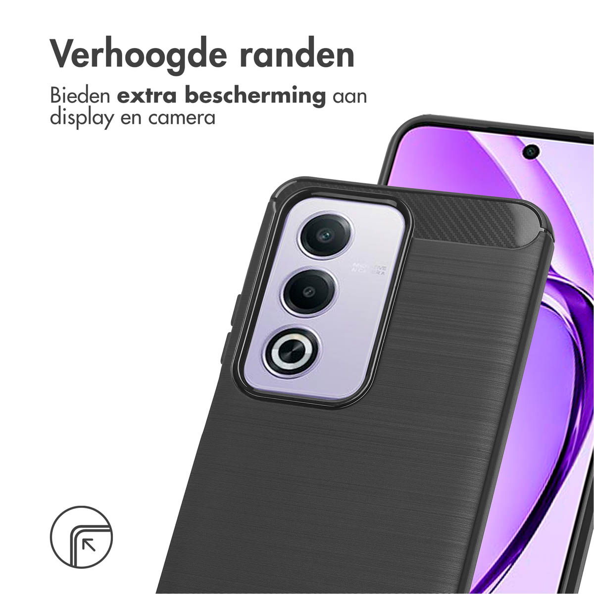 Close-up van een telefoonhoesje met een telefoon erin, die de camera laat zien.