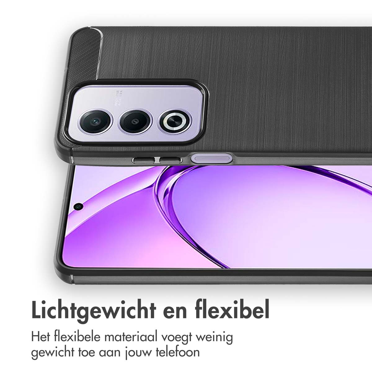 Zwarte telefoonhoes op een telefoon. De hoes is getextureerd.