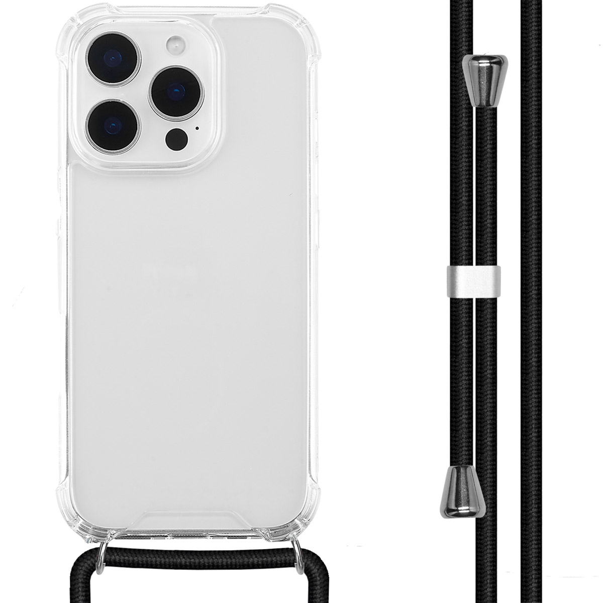 Telefoonhoes, transparante achterkant, zwart koord, zilveren accenten, geïsoleerd op wit.