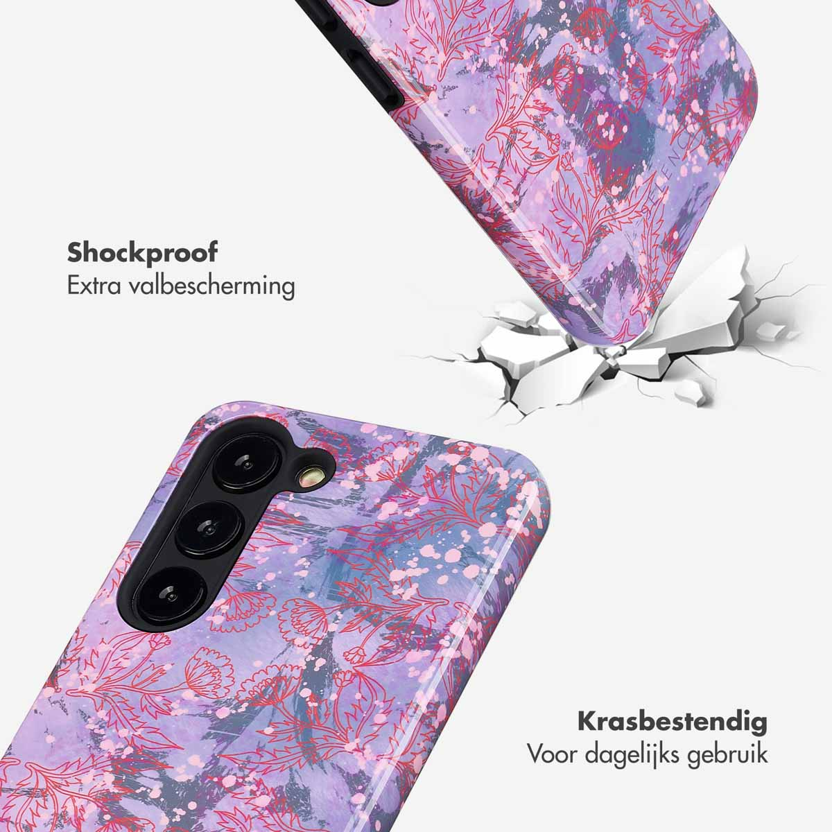 Coque de téléphone : motif floral violet, tombant sur une surface fissurée. Mots : 'Antichoc' et 'Anti-rayures'.
