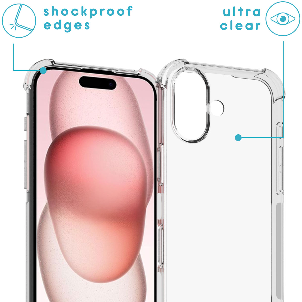 Eine transparente Handyhülle mit Telefon, mit Text, der stoßfeste Kanten und ultra-klar angibt.