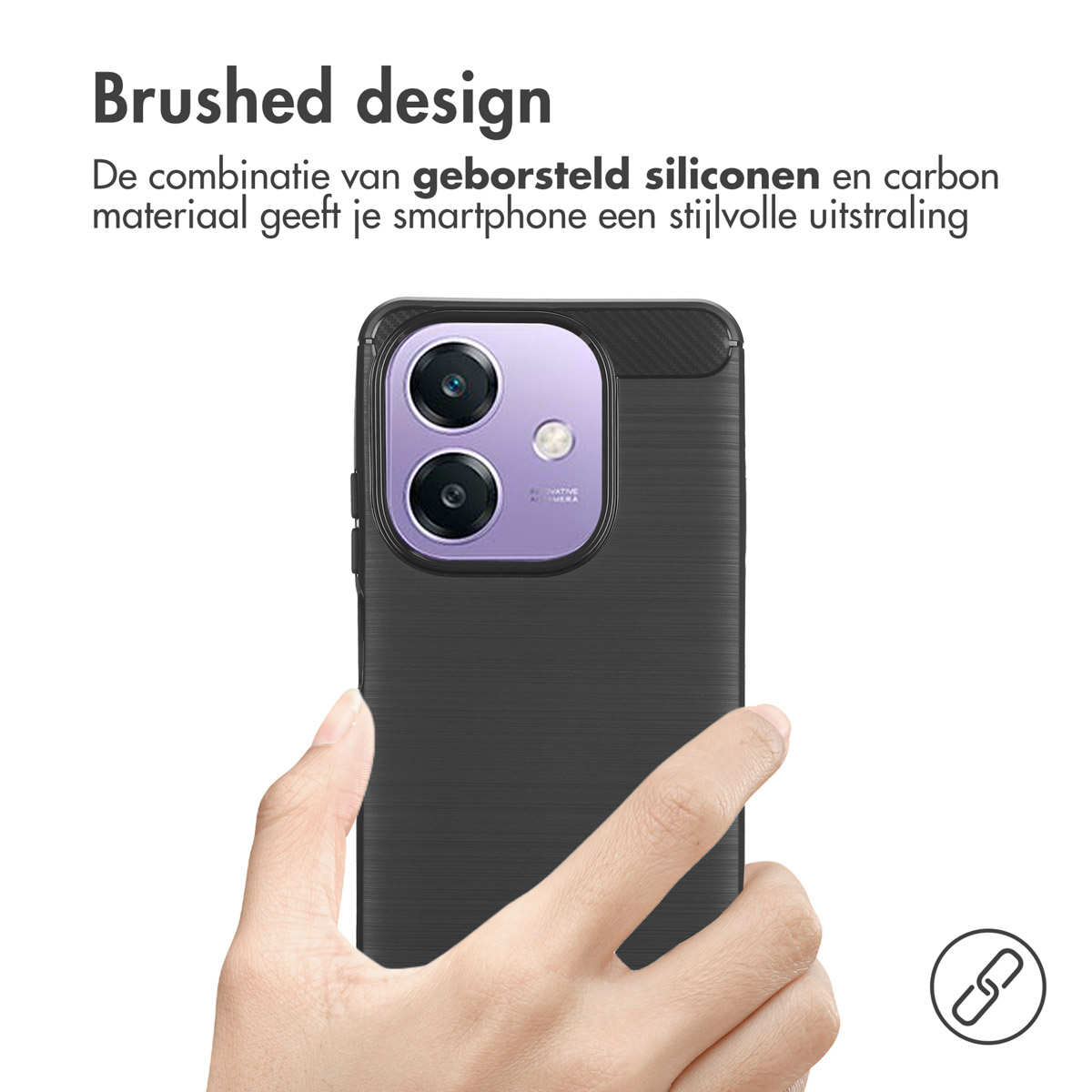 Zwarte telefoonhoes met een getextureerde achterkant en een paarse camera.