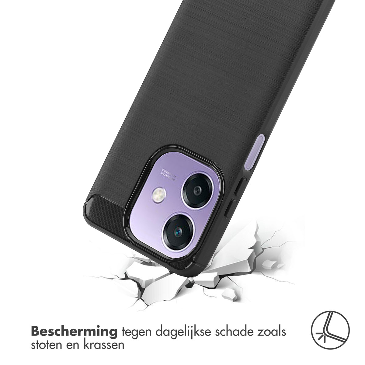 Zwarte telefoonhoes met zichtbare camera, die de impactbestendigheid met een gebarsten grond laat zien.
