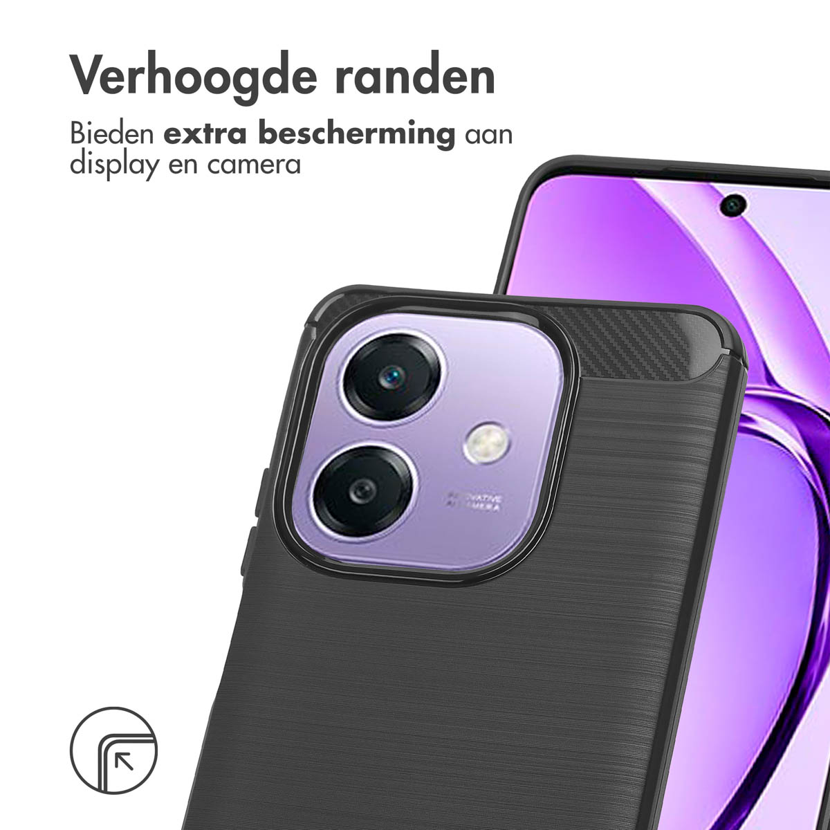 Een telefoonhoesje dat de achterkant van een telefoon toont. De hoes is zwart en de telefoon is paars.