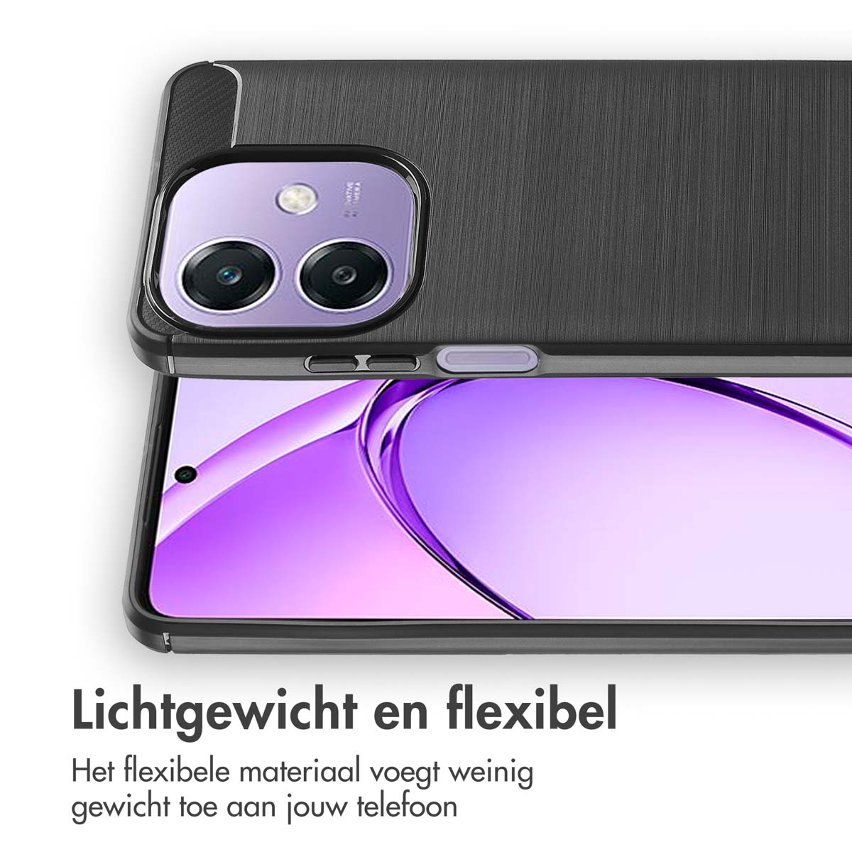 Close-up van een telefoonhoesje, met tekst in het Nederlands over de lichtheid en flexibiliteit.