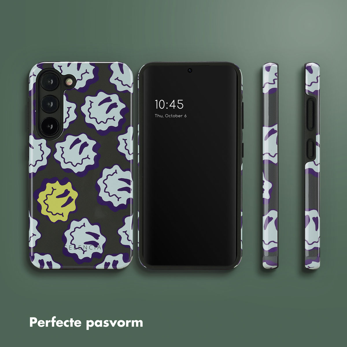 Handyhülle mit Geistermuster. Telefon zeigt Uhrzeit und Datum an. Dunkle Hülle, weißes und violettes Design.