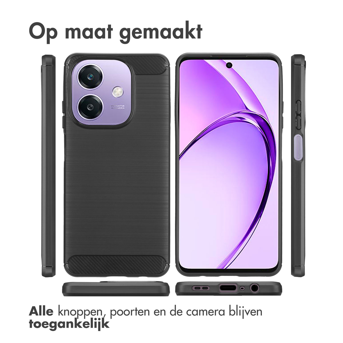 Telefoonhoesje met meerdere aanzichten. Zwarte hoes met paars scherm, knoppen en cameralenzen.