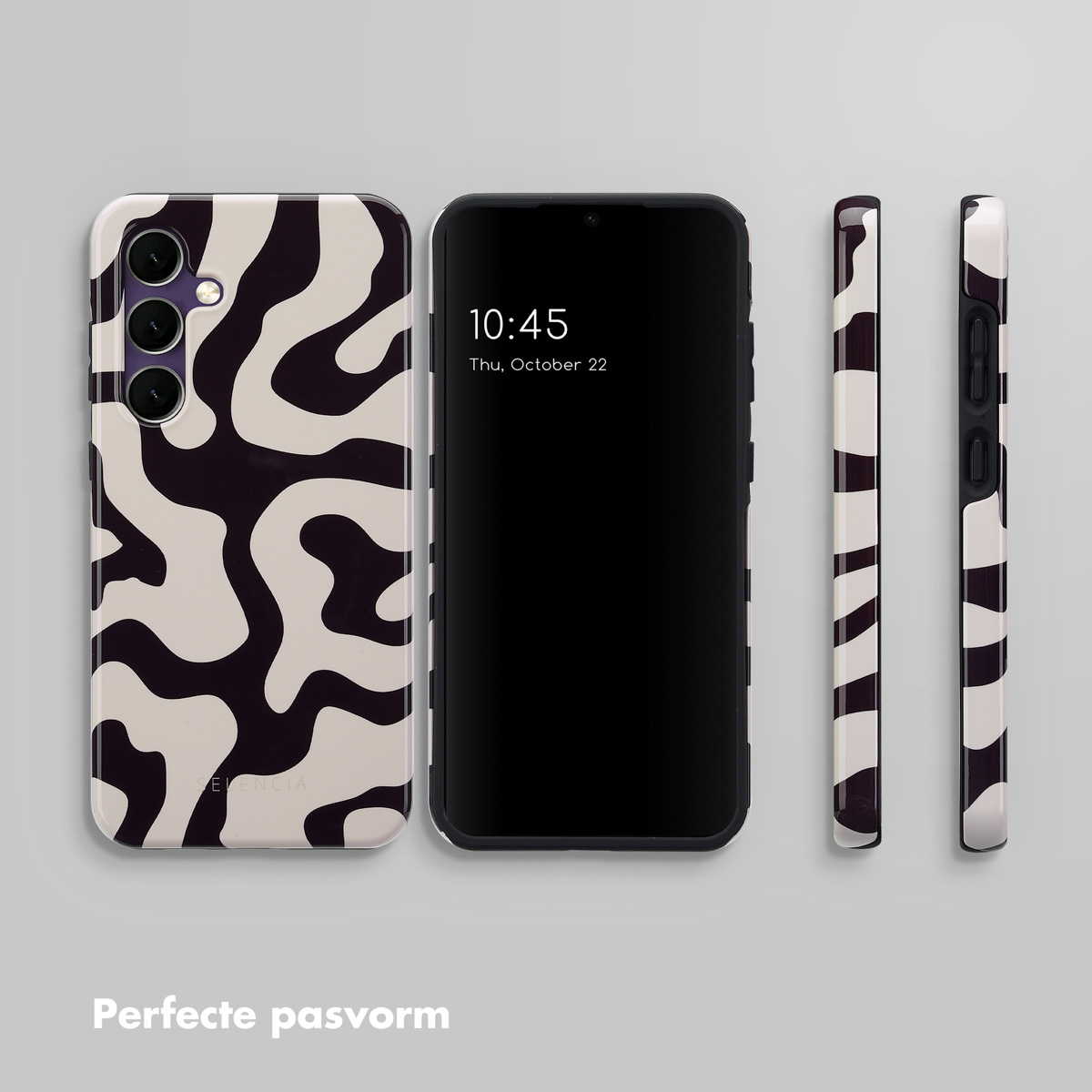 Drie telefoons: een telefoon in een hoesje en twee zijkanten van de hoes. De hoes heeft een patroon.