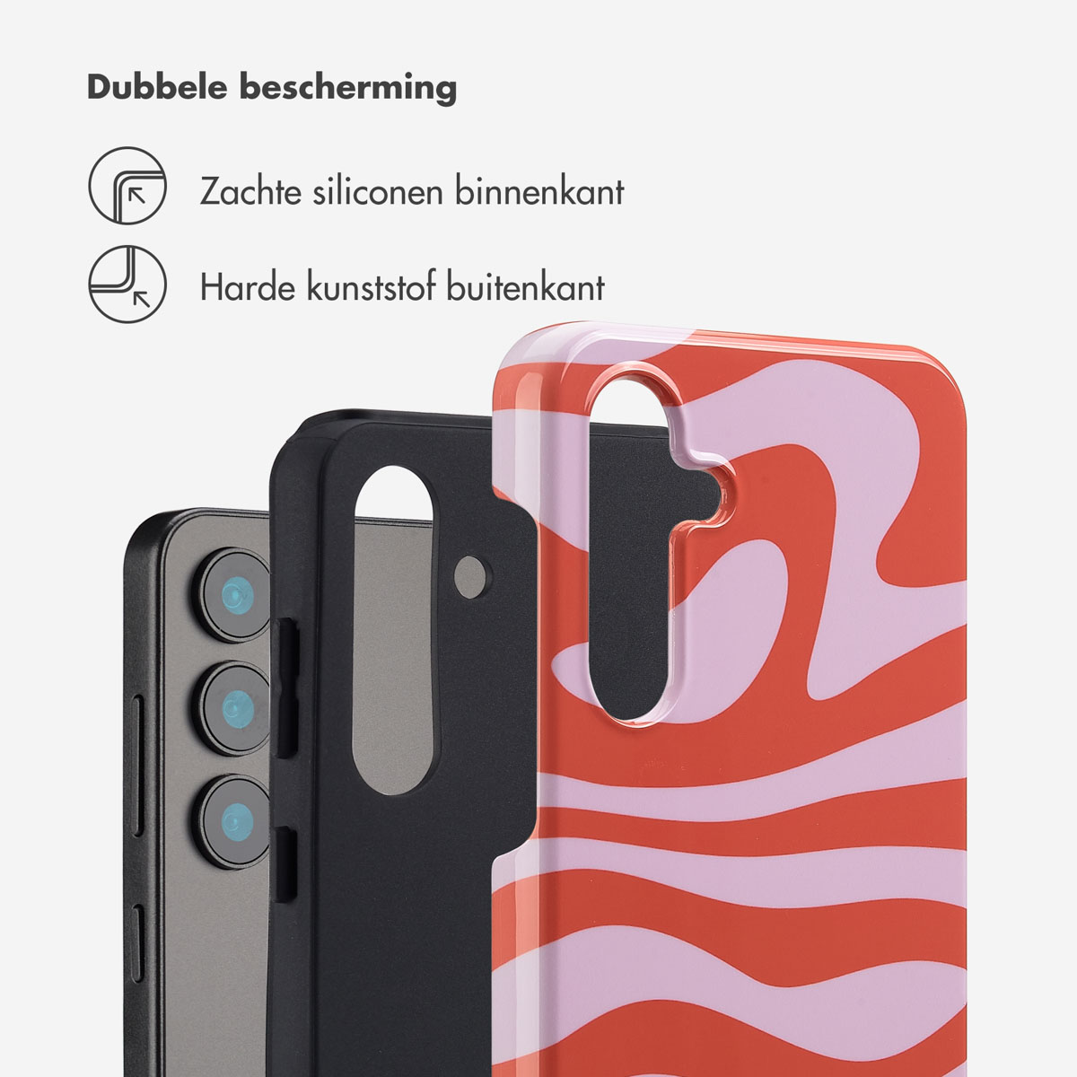 Telefoonhoesje met zwart, rood en roze design. Toont zachte en harde lagen.