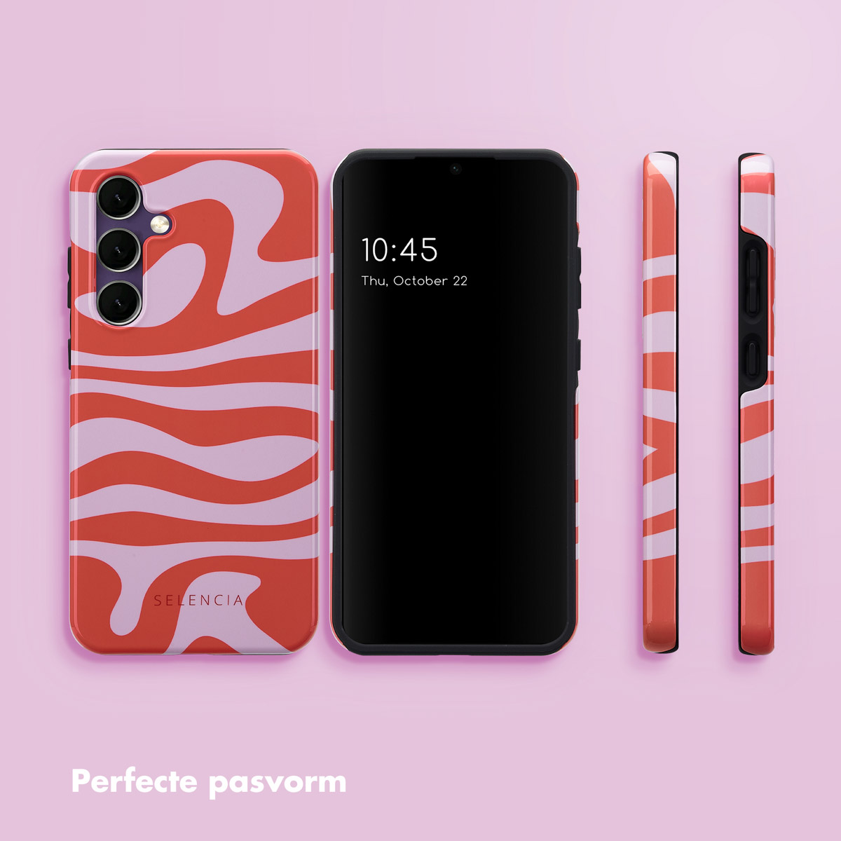 Telefoonhoesje met rood en roze golvend ontwerp, met telefoon. Toont voor-, achter- en zijaanzichten.