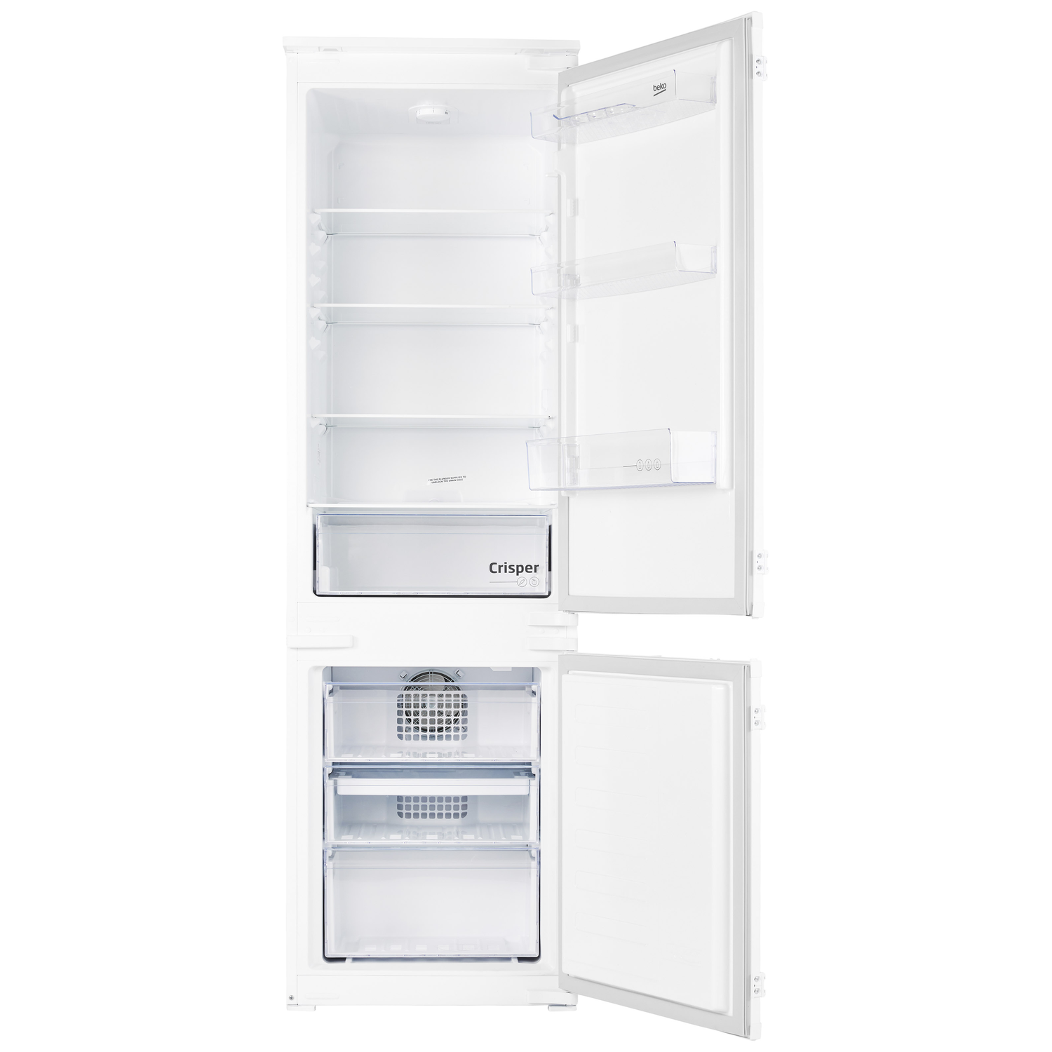 Frigorifero bianco aperto con ripiani, cassetti e cassetto per verdura visibile.