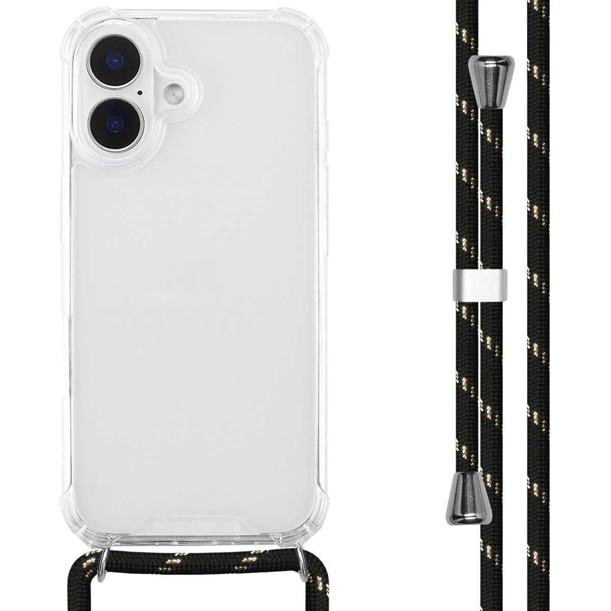 Custodia trasparente per telefono con due fotocamere e cordino nero con accenti dorati.