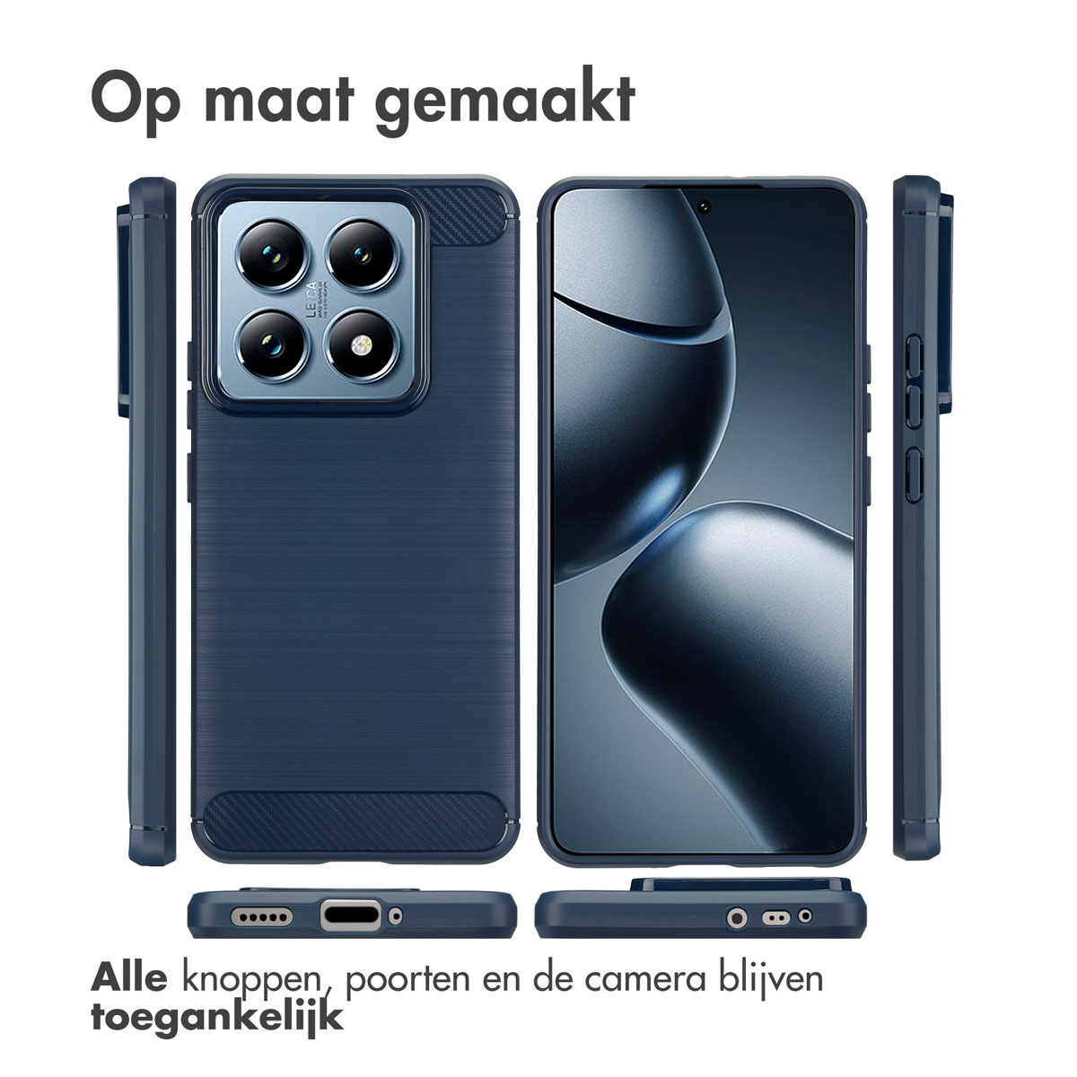 Une coque de téléphone avec le téléphone à l'intérieur. La coque est bleu foncé et le téléphone a une caméra.