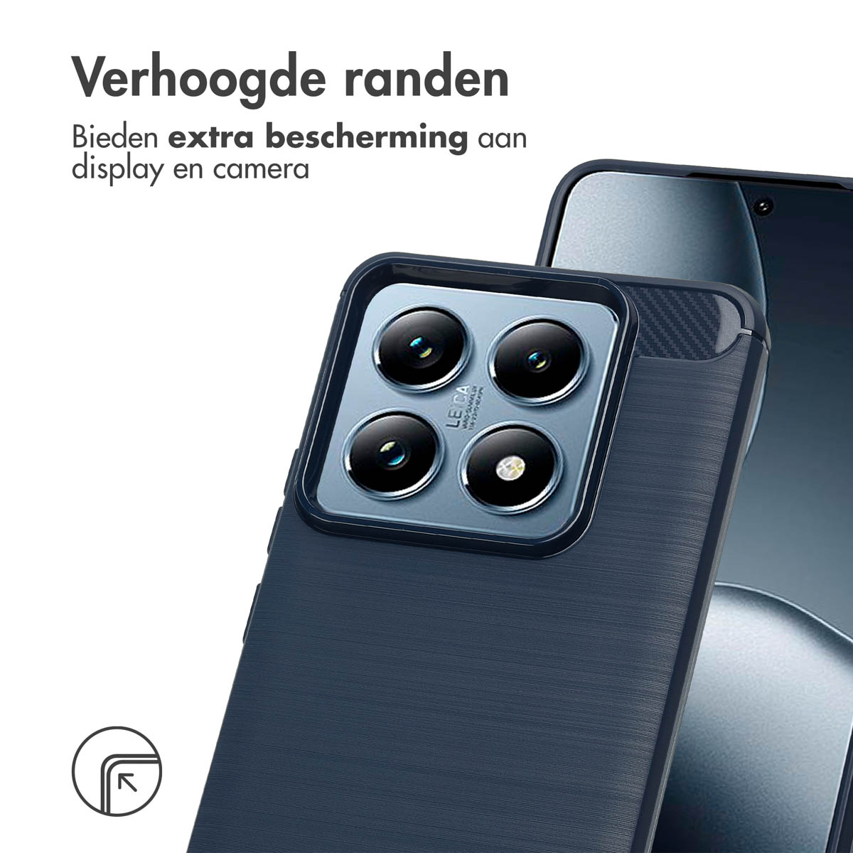 Coque de téléphone bleu foncé avec module caméra et texte en haut.