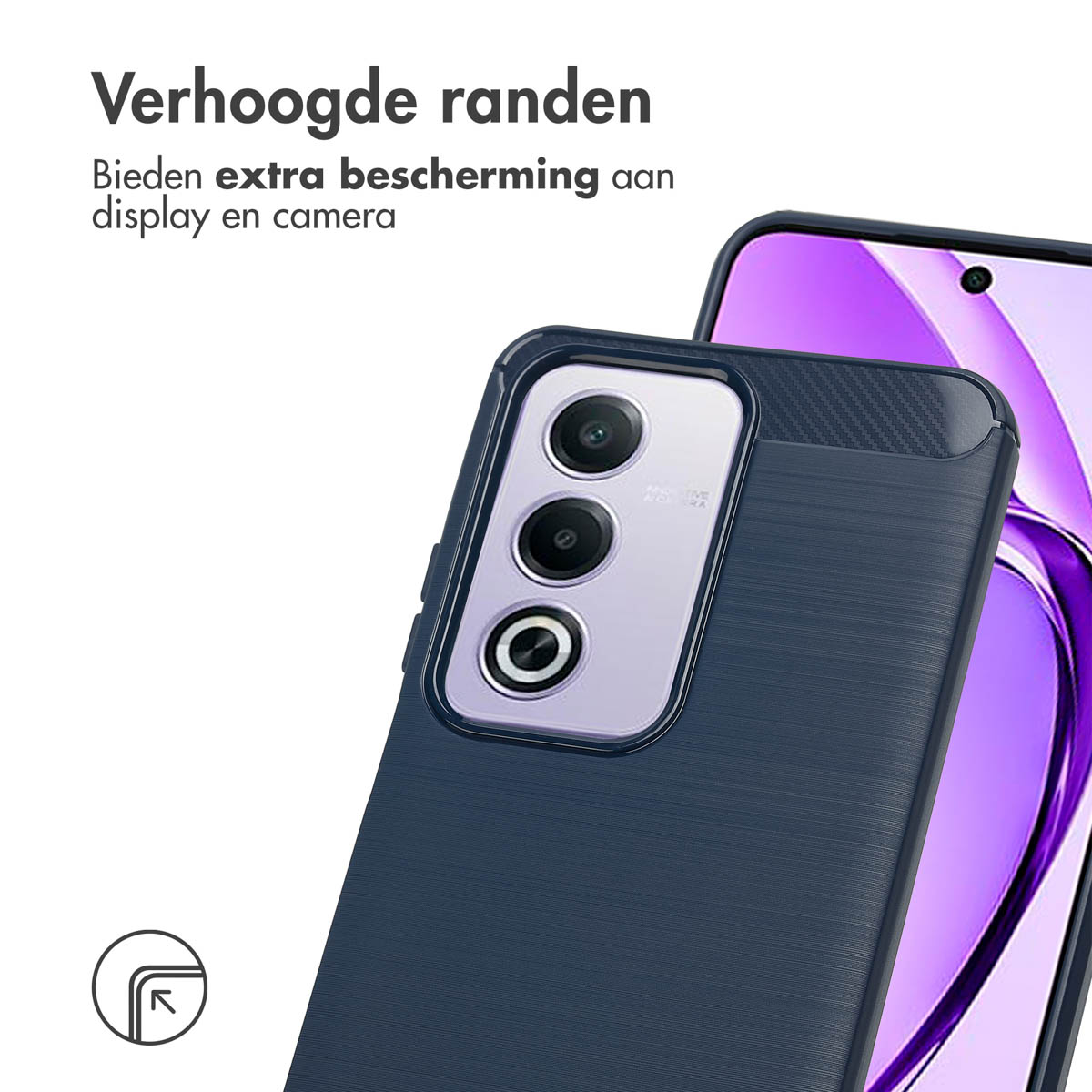 Een blauwe telefoonhoes met een telefoon erin. De hoes heeft een camerabeschermer en verhoogde randen.