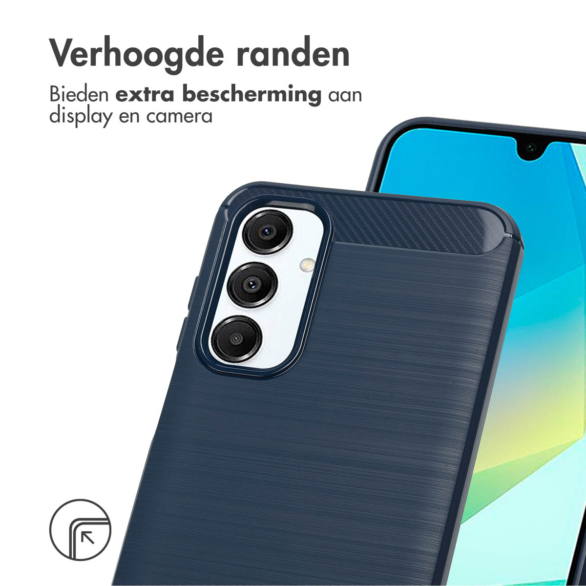 Une coque de téléphone avec une texture bleue, avec un téléphone. Le texte indique qu'elle offre une protection supplémentaire pour l'appareil photo.