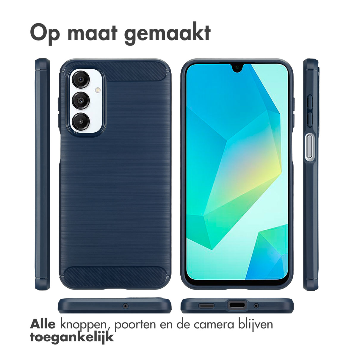 Coque de téléphone avec un téléphone à l'intérieur montrant divers angles. La coque a une texture bleue.