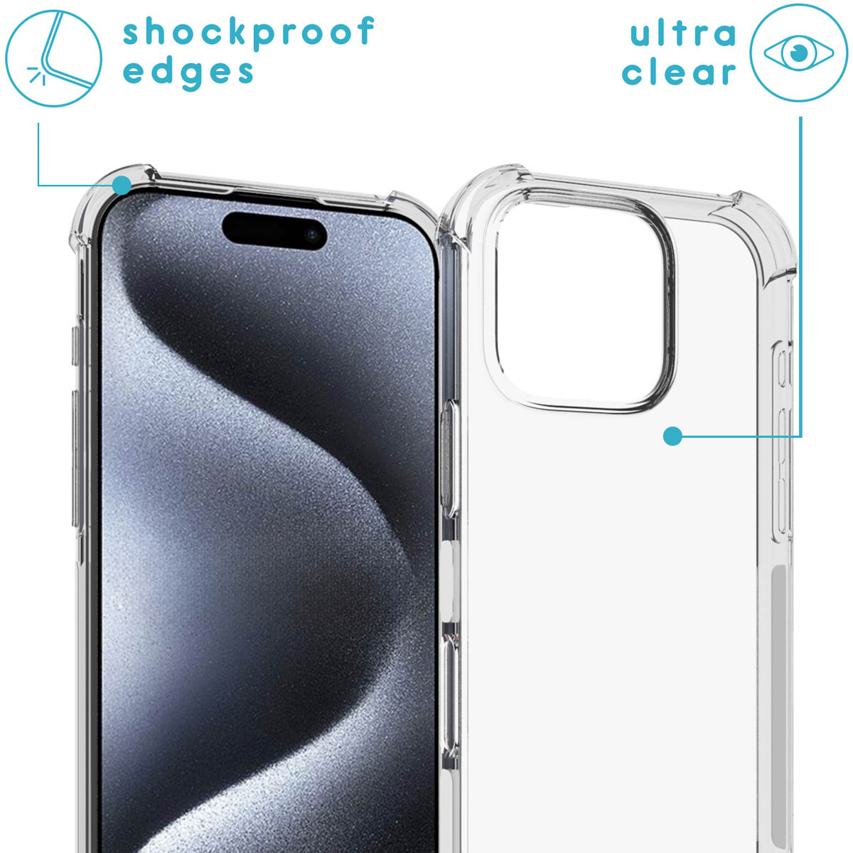 Een doorzichtig telefoonhoesje op een telefoon, met nadruk op schokbestendige randen.