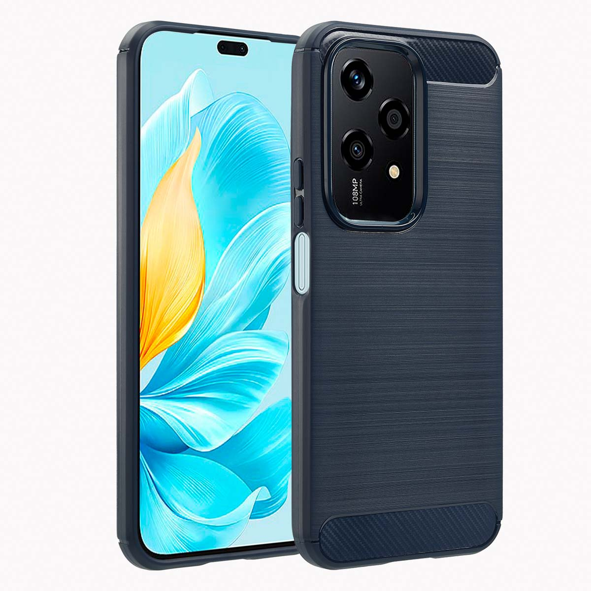 Une coque de téléphone bleu marine protégeant un smartphone avec plusieurs caméras.