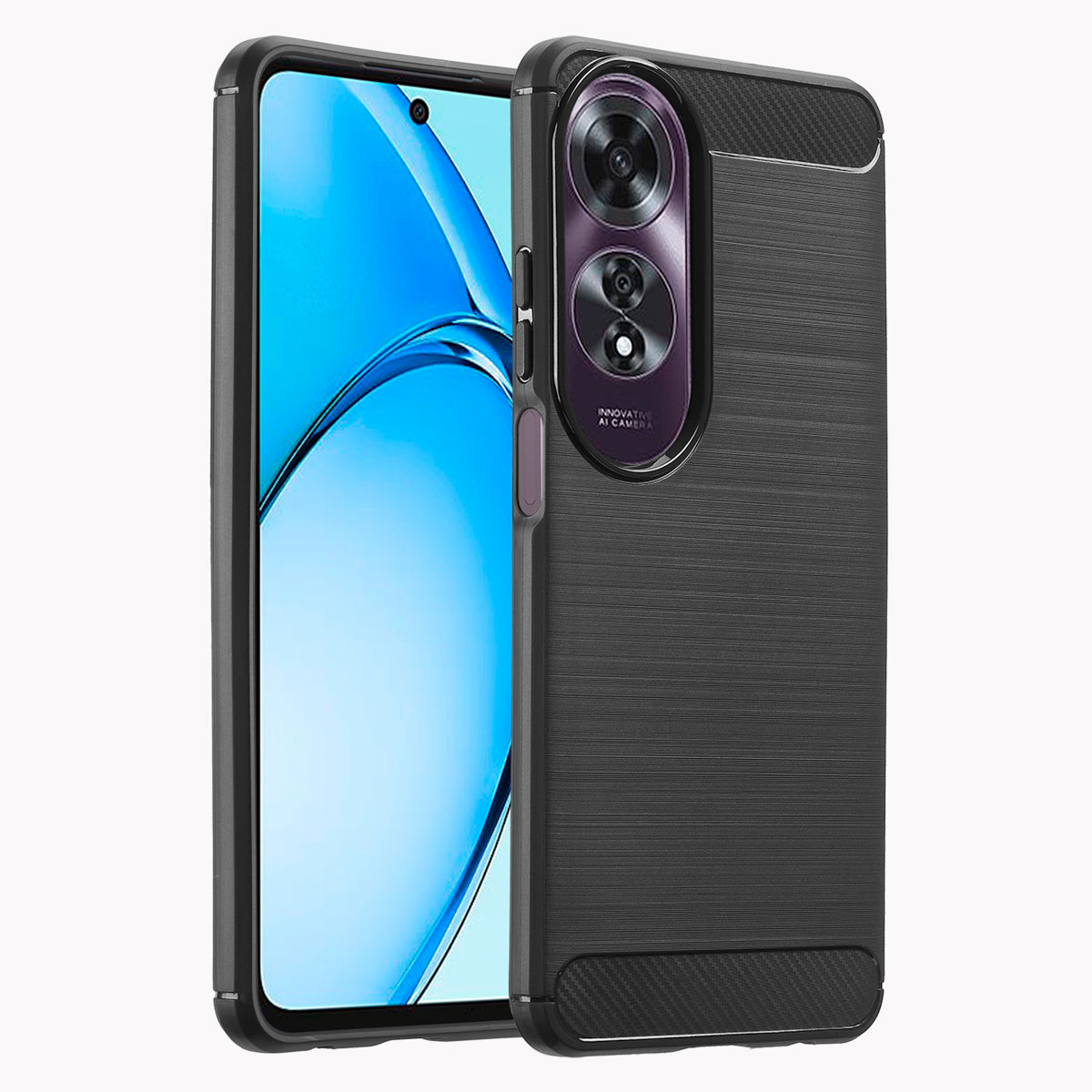 Coque de téléphone noire. La coque est sur un téléphone. Le téléphone a un écran bleu et une caméra violette.
