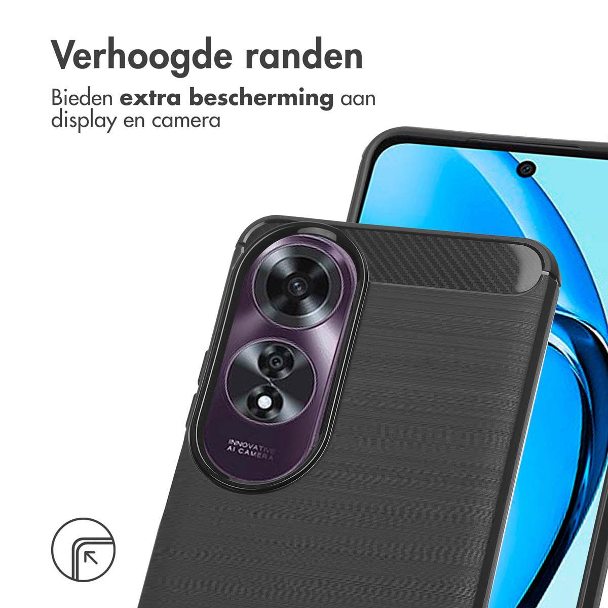 Coque de téléphone avec dos texturé et bords surélevés, avec un téléphone à l'intérieur.
