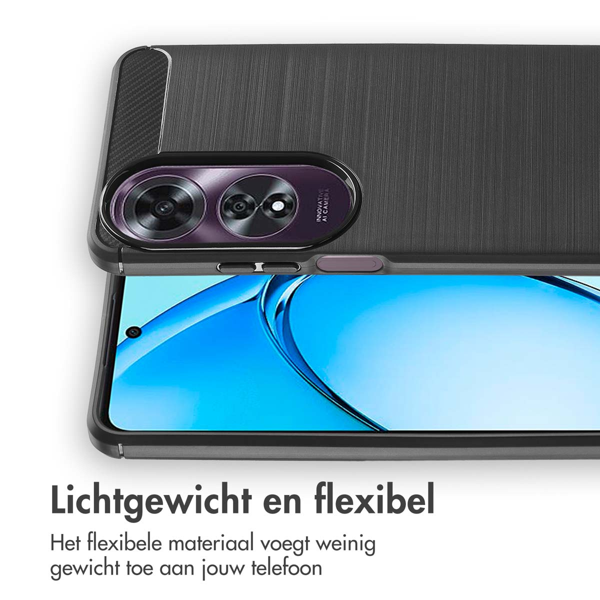 Coque de téléphone, vue rapprochée. Le téléphone est à l'intérieur, coque ouverte avec texture fibre de carbone.