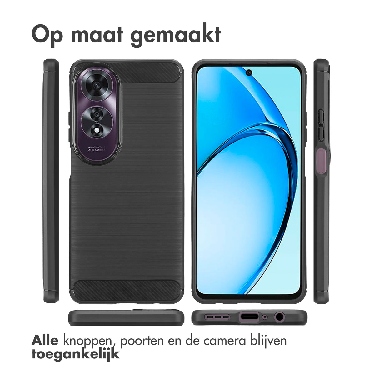 Coque de smartphone avec téléphone à l'intérieur, différentes vues, avec texte et étiquettes.