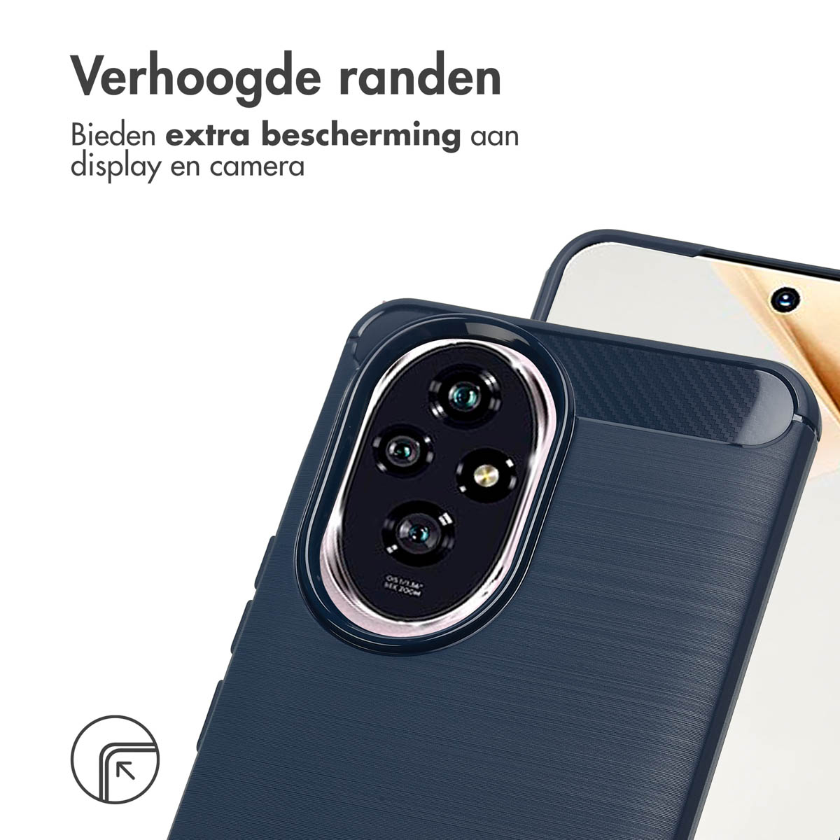 Una custodia per telefono blu navy con un telefono all'interno. La custodia ha bordi rialzati e un'area rialzata per la fotocamera.