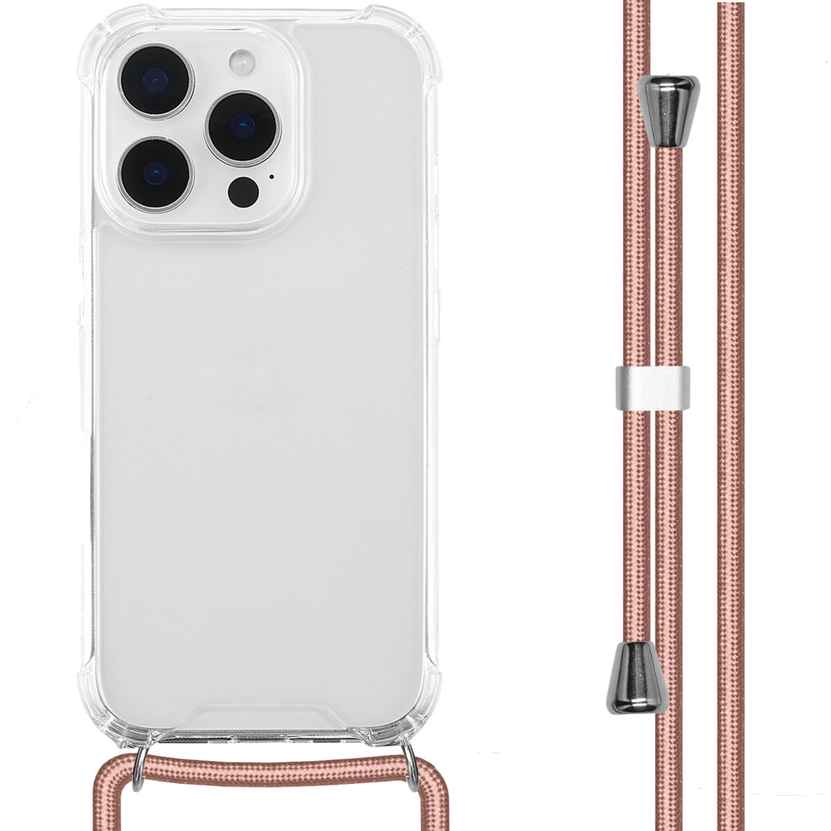 Transparante telefoonhoes met koord, een heldere telefoon zit erin. Zilveren koordstopper, witte achtergrond.