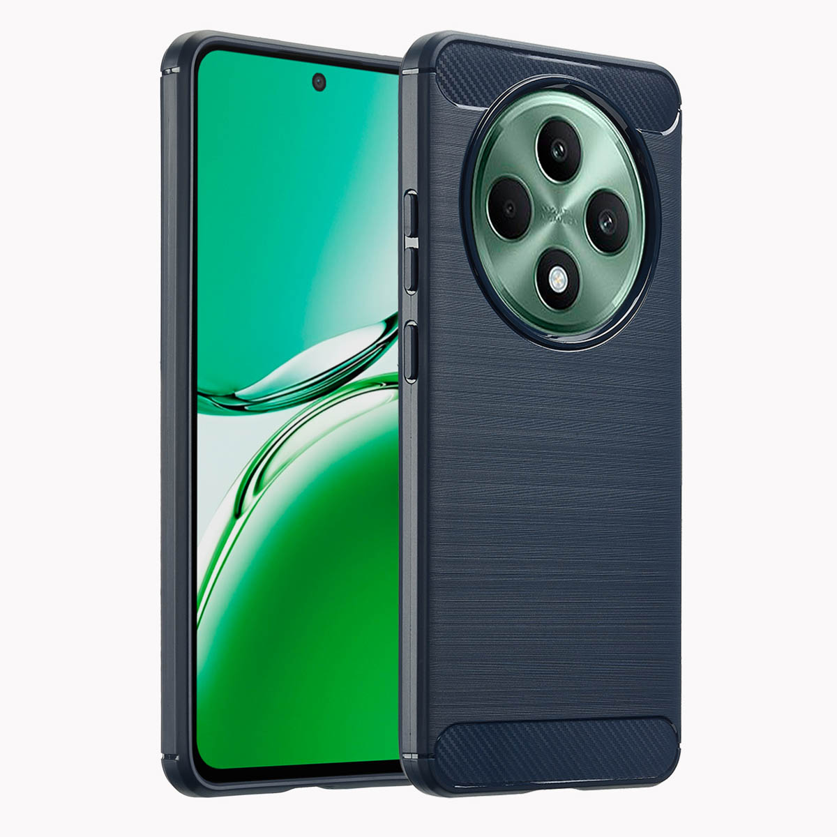 Een marineblauwe telefoonhoes met koolstofvezeltextuur beschermt een telefoon met een groene cameramodule.