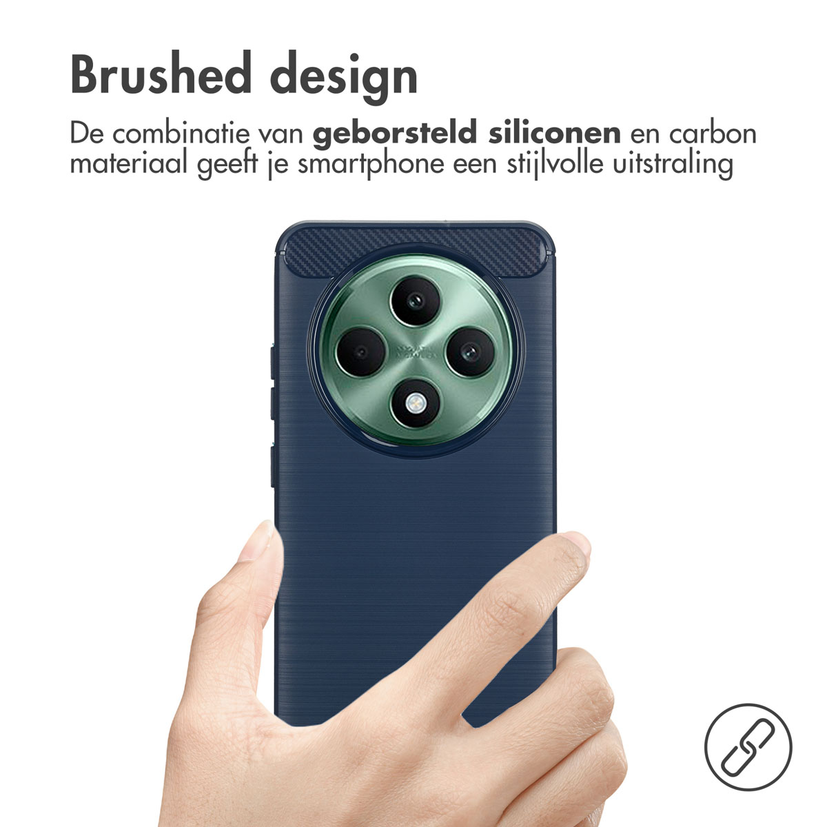 Marineblauwe telefoonhoes met een geborsteld ontwerp, met een telefoon met groene camera.