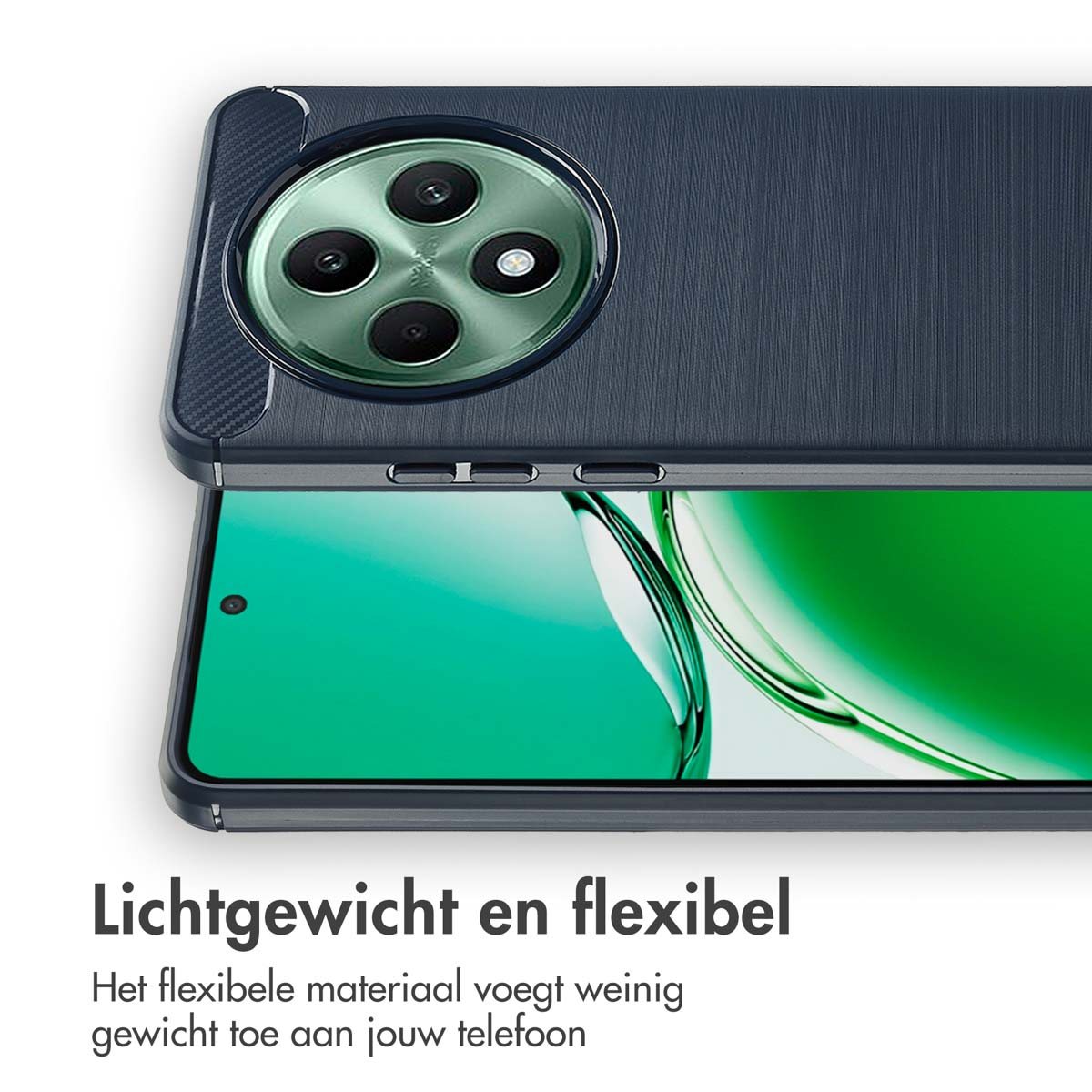 Een telefoonhoesje, met de telefoon erin, met tekst over het lichtgewicht en flexibele ontwerp.