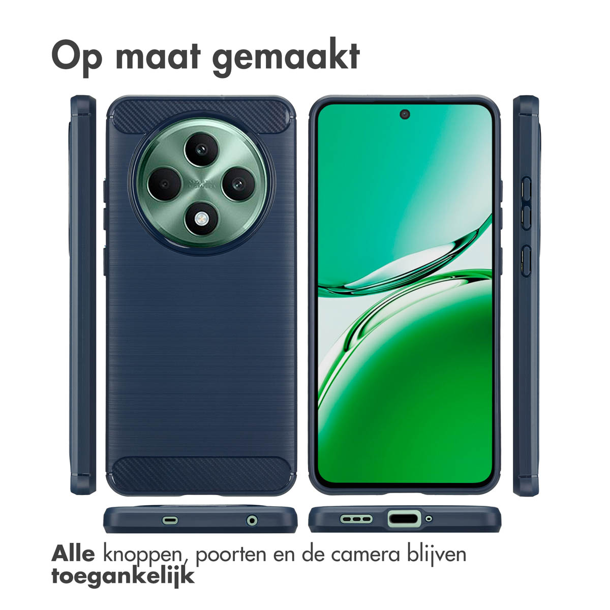 Telefoonhoesjes in een rij. De telefoonhoesjes zijn donkerblauw. Het scherm van de telefoon is zichtbaar.