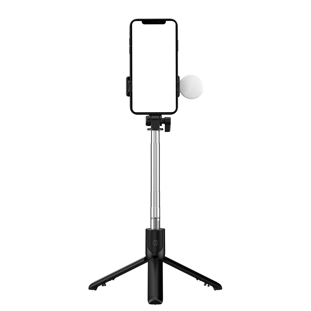 Ein schwarzes Selfie-Stick-Stativ mit befestigtem Telefon und Licht.