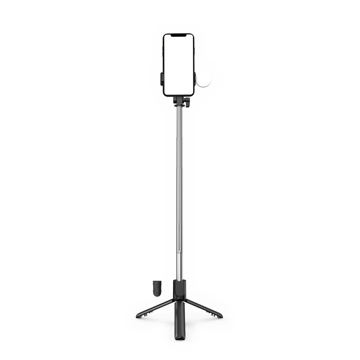 Schwarzer Selfie-Stick mit montiertem Telefon, steht auf einem Stativ.