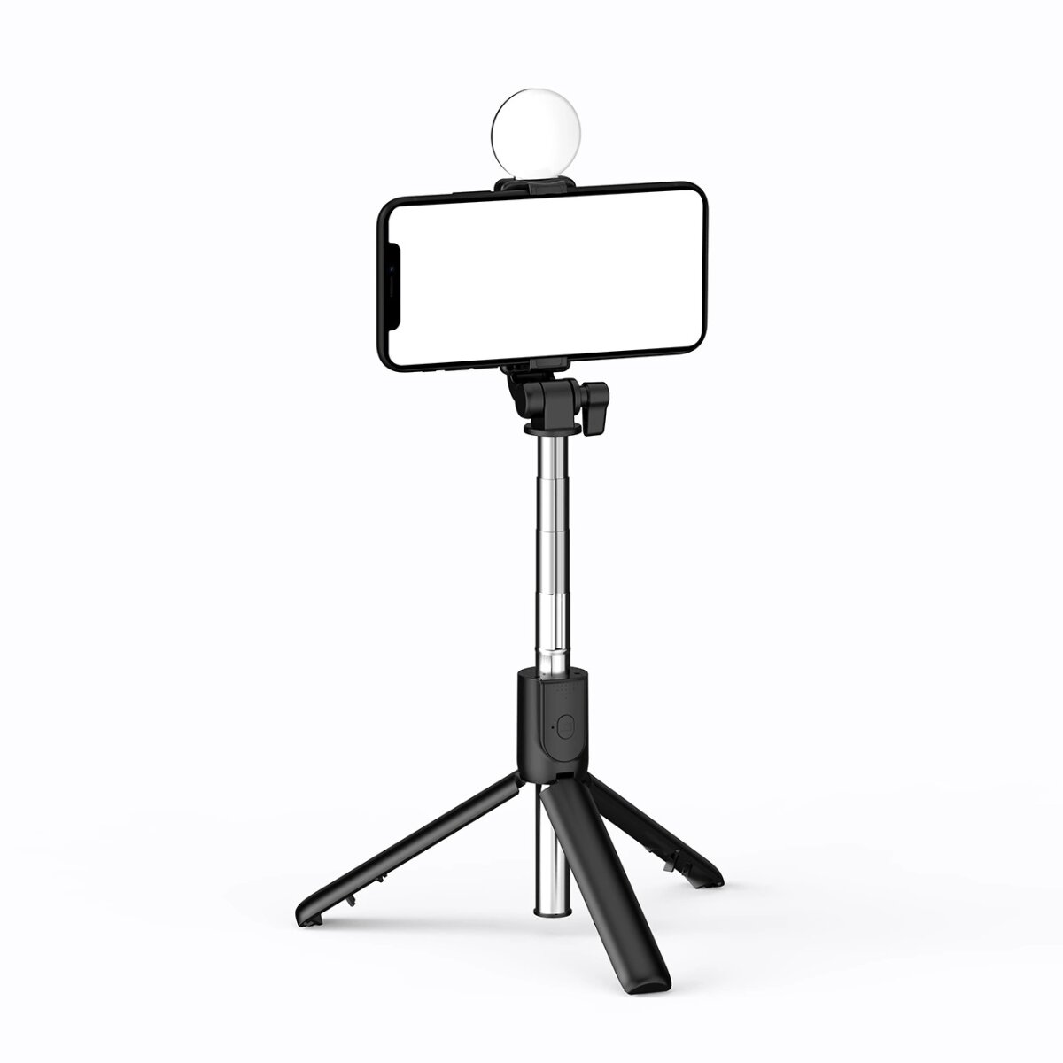 Smartphone an einem Selfie-Stick-Stativ befestigt, mit Licht. Weißer Hintergrund.