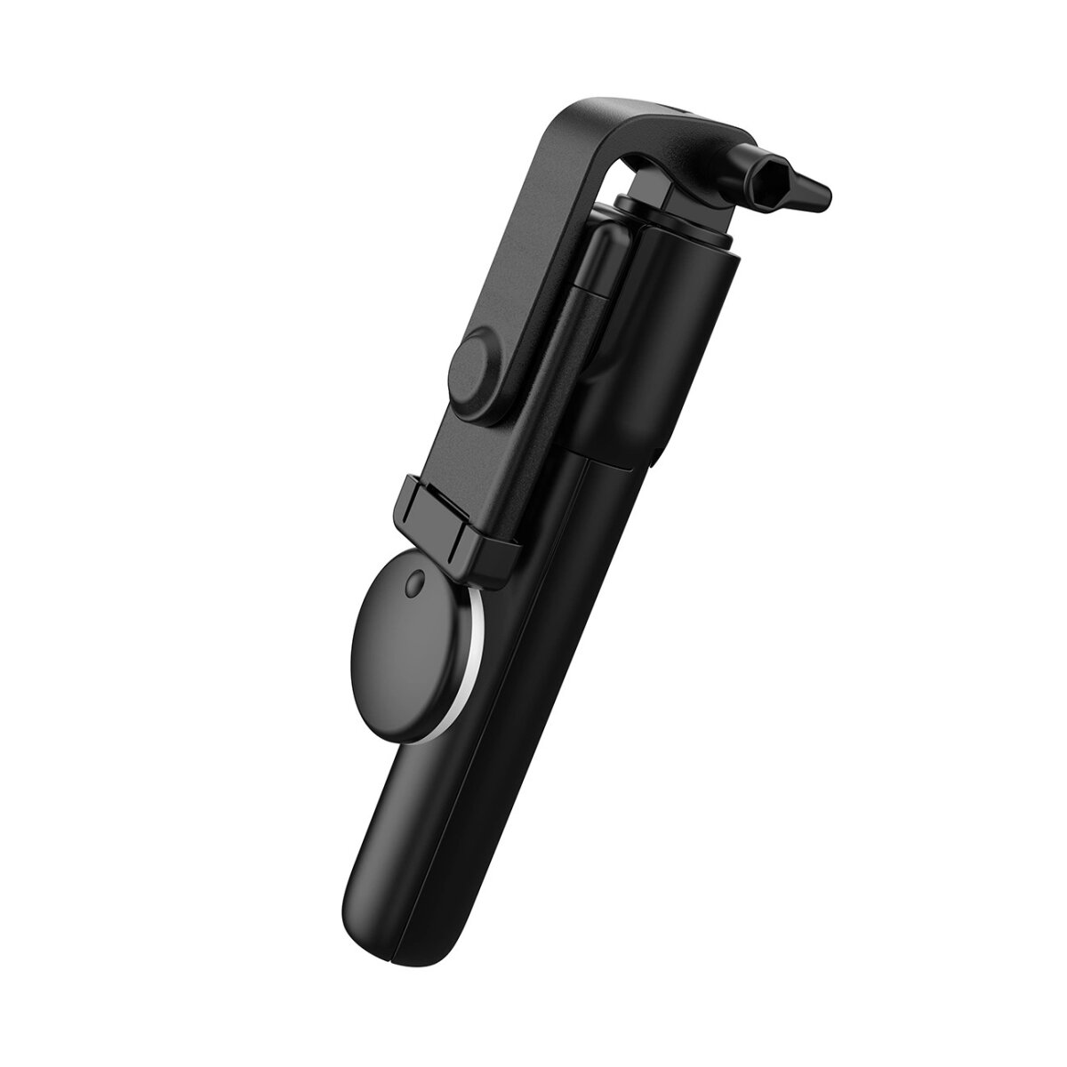 Ein schwarzer Selfie-Stick, kompaktes Design, ausgezogen.