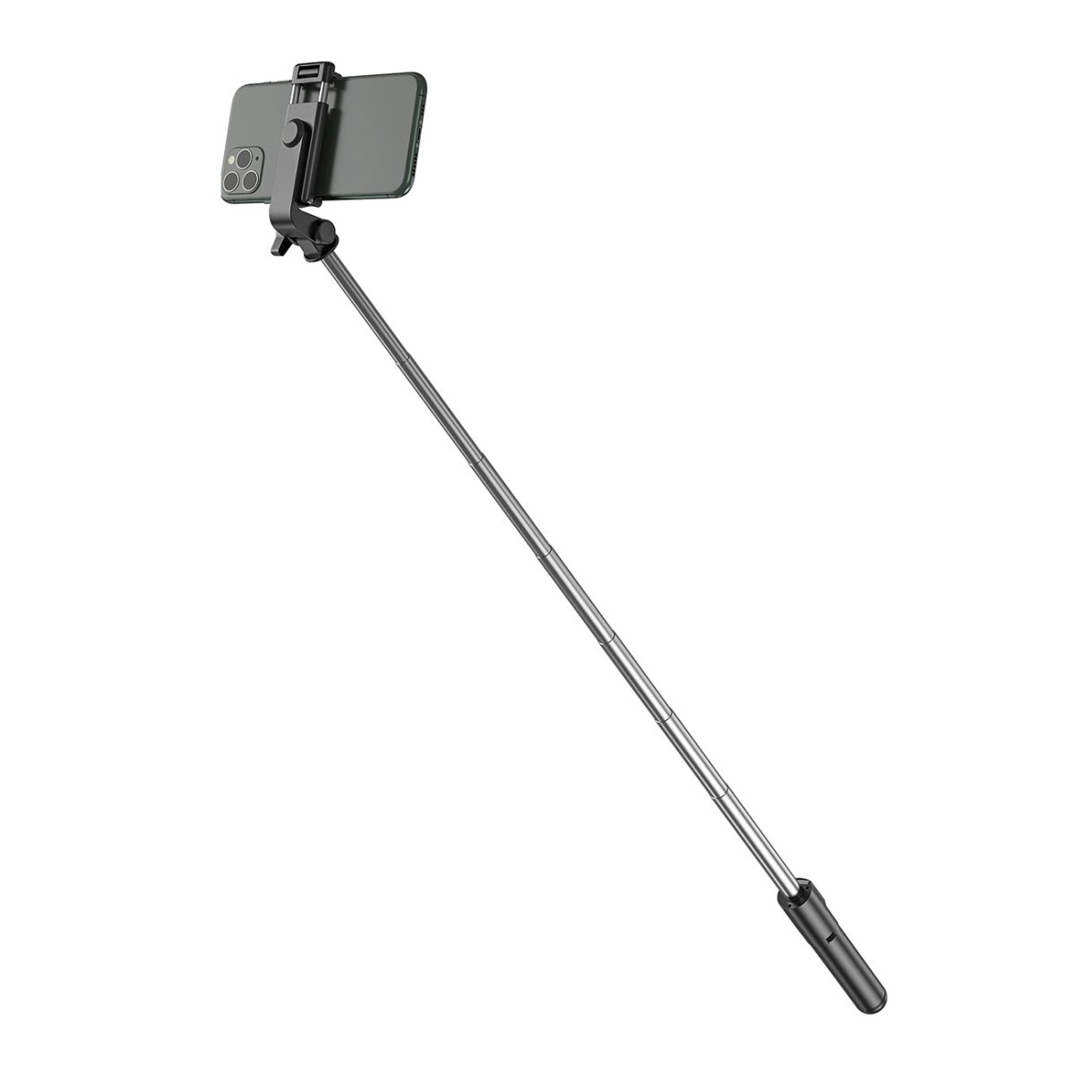 Selfie-Stick mit befestigtem Telefon. Schwarz und Silber. Weißer Hintergrund.