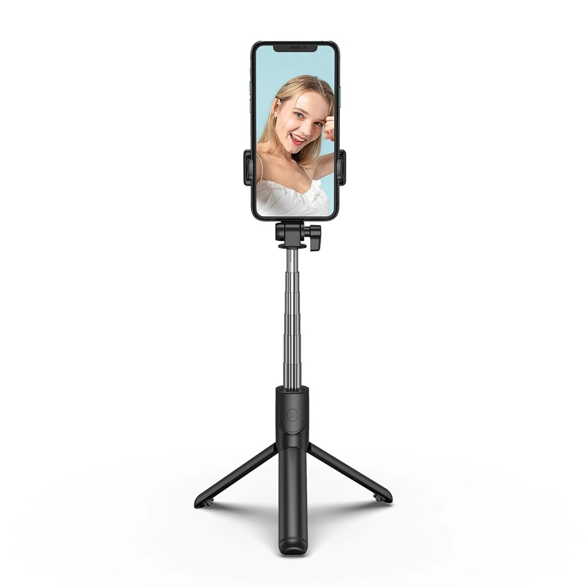 Selfie-Stick und Stativ. Schwarz. Telefon befestigt. Weißer Hintergrund. Frau auf dem Bildschirm.