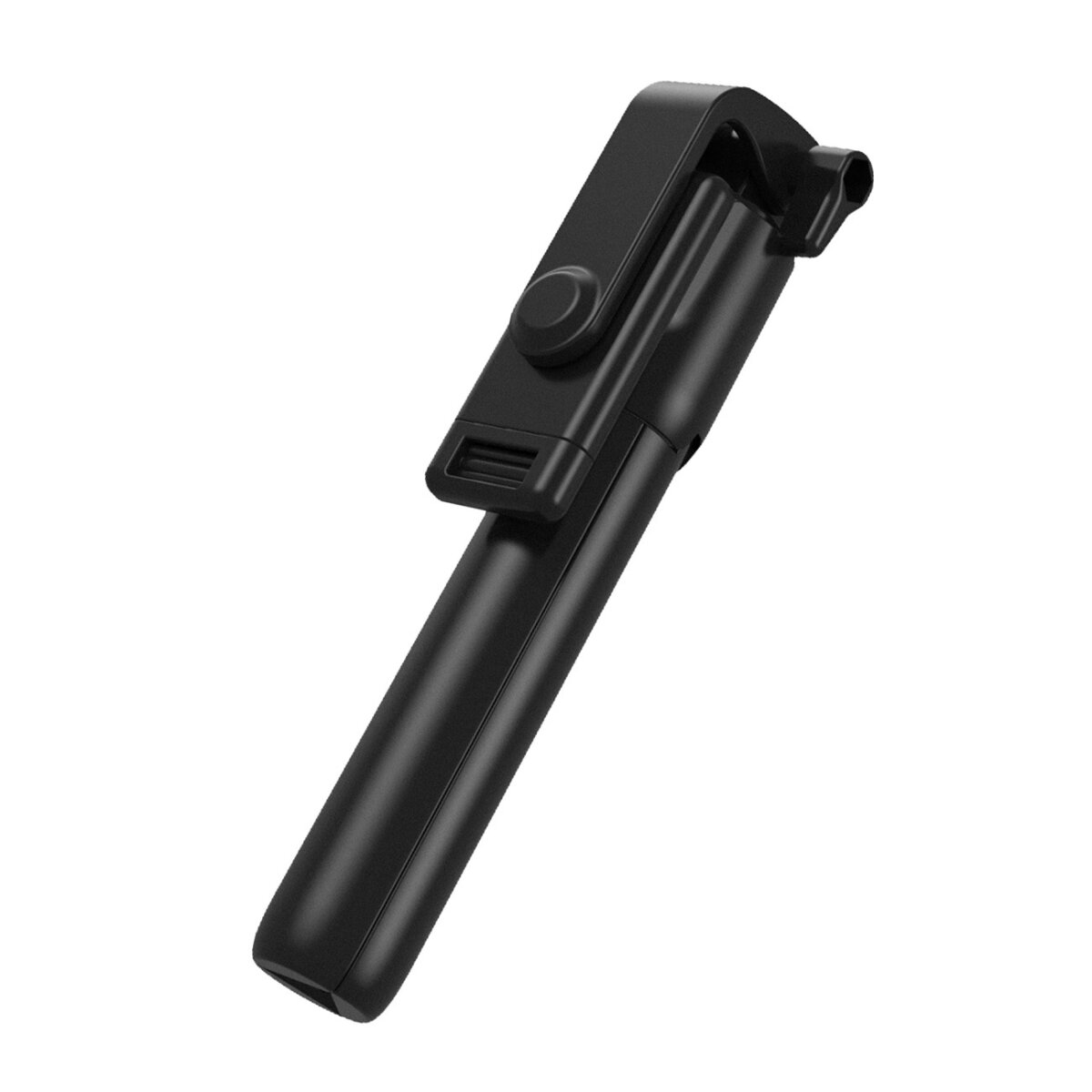 Schwarzer Selfie-Stick, zusammengeklappt und nach oben geneigt, auf weißem Hintergrund.